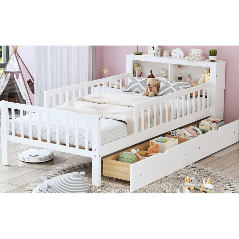 Lit simple blanc avec support de rangement pour tête de lit et garde-corps - Compartiments de construction durables, White