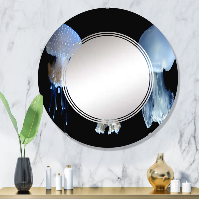 Trois méduse sur fond noir - miroir mural nautique et côtier, 32 po x 32 po