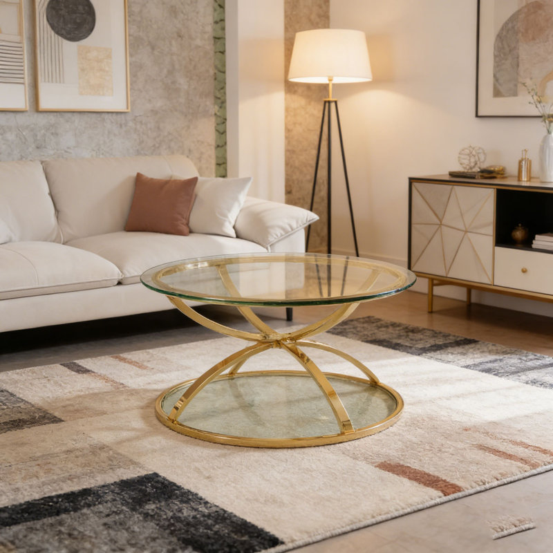 Table basse moderne en verre 31,50 "avec 2 niveaux, Doré