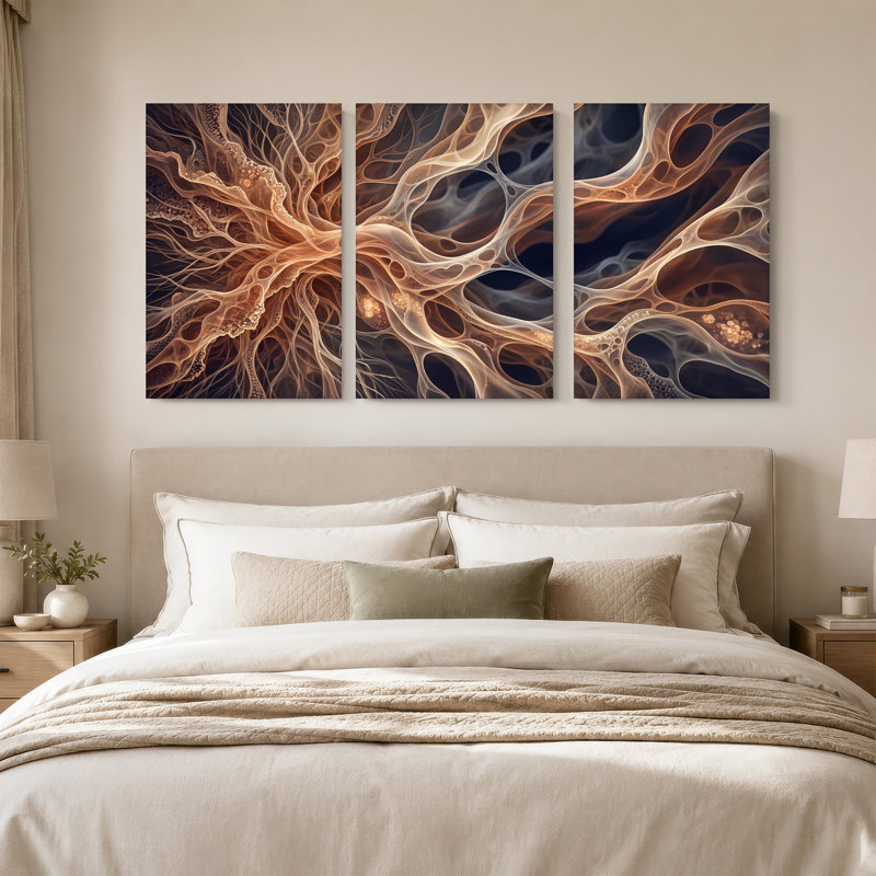 Ensemble de 3 toiles murales abstraites aux lignes fractales brun doré., 18"H x 12"W x 3pcs