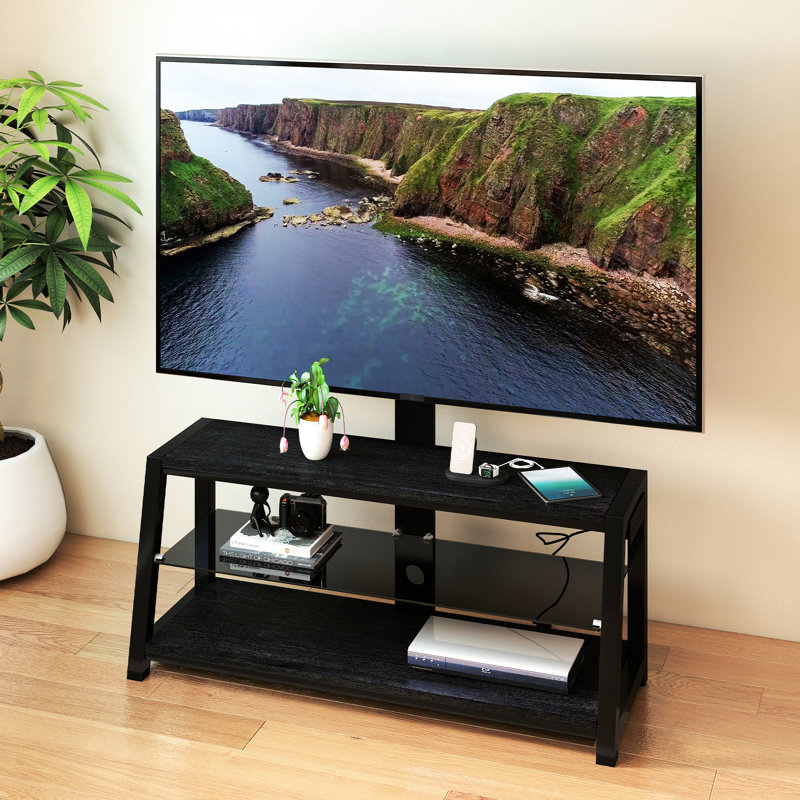 Verre trempé noir, meuble télé, pivotant, réglable en hauteur, tablettes à 3 niveaux et rangement, téléviseurs de 32 po et 65 po, charge de 180 lb, capacité de charge de gestion des câbles,