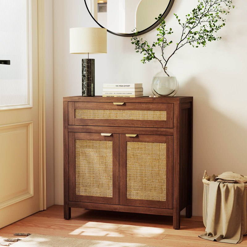 1 PCS Buffet Cabinet Sideboard Storage Cabinet Rattan Doors & Drawer Adjustable Shelf