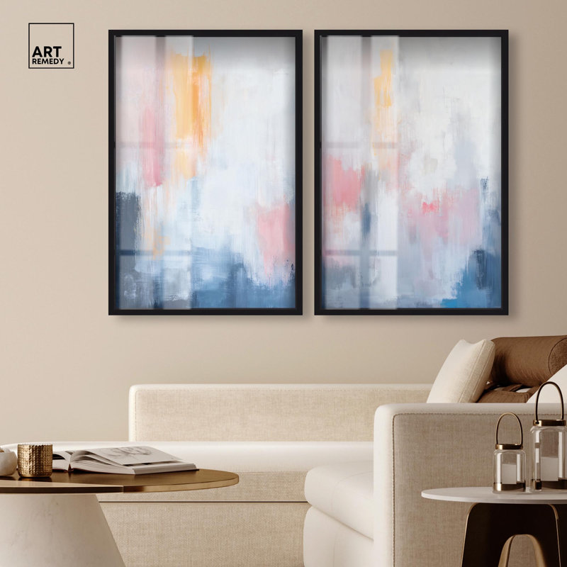 Ensemble d'art abstrait moderne « Dreamweaver Serenity Shadowbox » par Art Remedy, cadre blanc, 24 x 36, 37" H x 25" W
