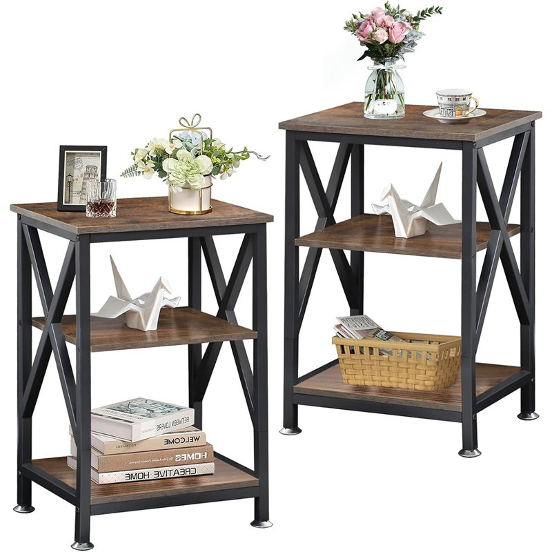 Ensemble de 2 tables d'appoint de style campagnard avec tablette de rangement, tables de chevet en forme de X pour la chambre à coucher, tables de bout en bois au fini espresso