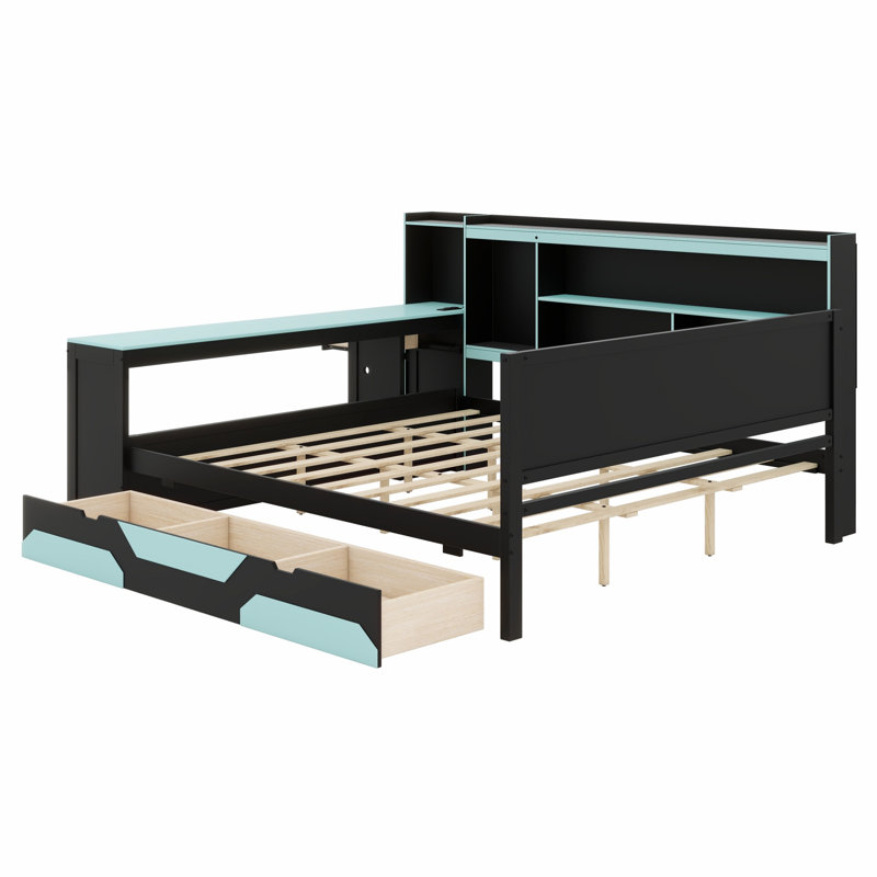 Multi-Functional Gaming Daybed with Built-in Desk, Charging Station and Storage Drawers, Black+Blue, Queen