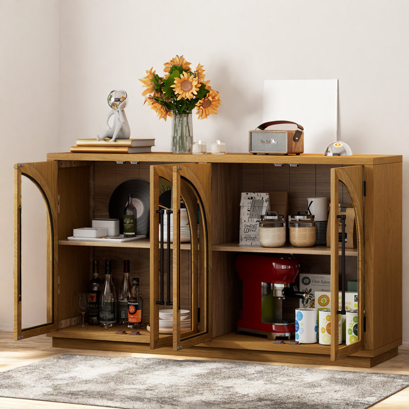 Accent Sideboard, 4-Door Large Storage Sideboard Buffet Cabinet With Glass Doors, Arched Cabinet With Adjustable Shelves