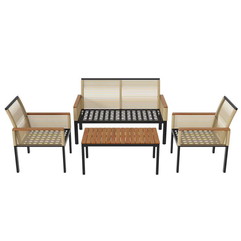 Wicker 4 - Person Garden Lounge Set, Beige Cushion/Natural/Black Frame