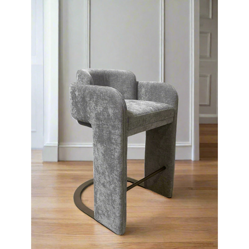 Tryphosa Upholstered Stool with Backrest, Footrest, and Sculptural Metal Base – Modern Luxury Counter Seating, Gray