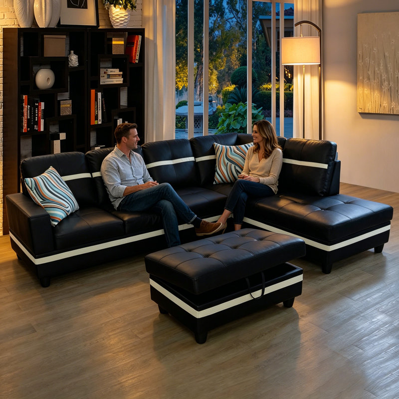 Rilan 103.5'' Faux Leather Sofa & Chaise, Left Hand Facing, Black Faux Leather