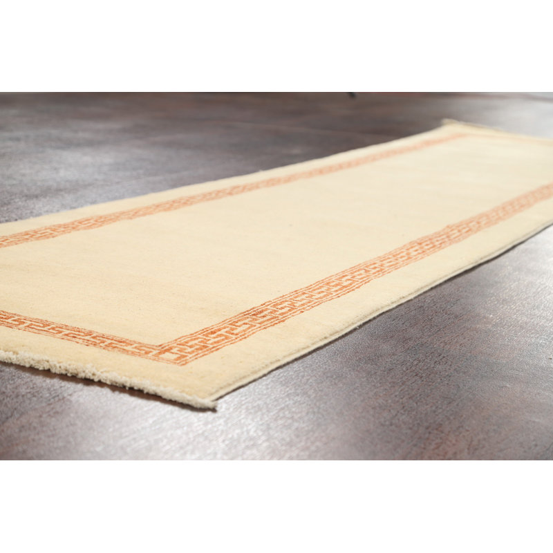 Tapis de couloir beige en laine noué à la main de conception unique 2 pi 8 po x 10 pi 2 po New Age
