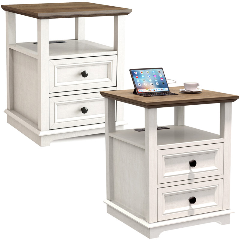 Deiren 2-Drawer Manufactured Wood Nightstands with Storage and Built-in Outlets, White/Brown