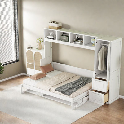 Lit escamotable peu encombrant avec rangement intégré, MDF blanc, maison moderne