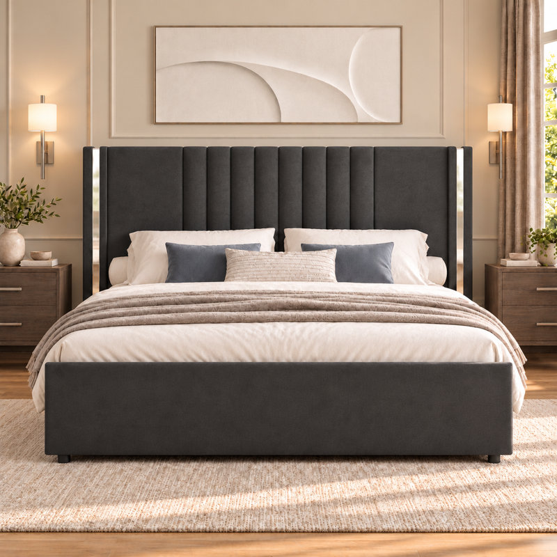Lit plateforme tapissier Velvet, Grand lit, Gris