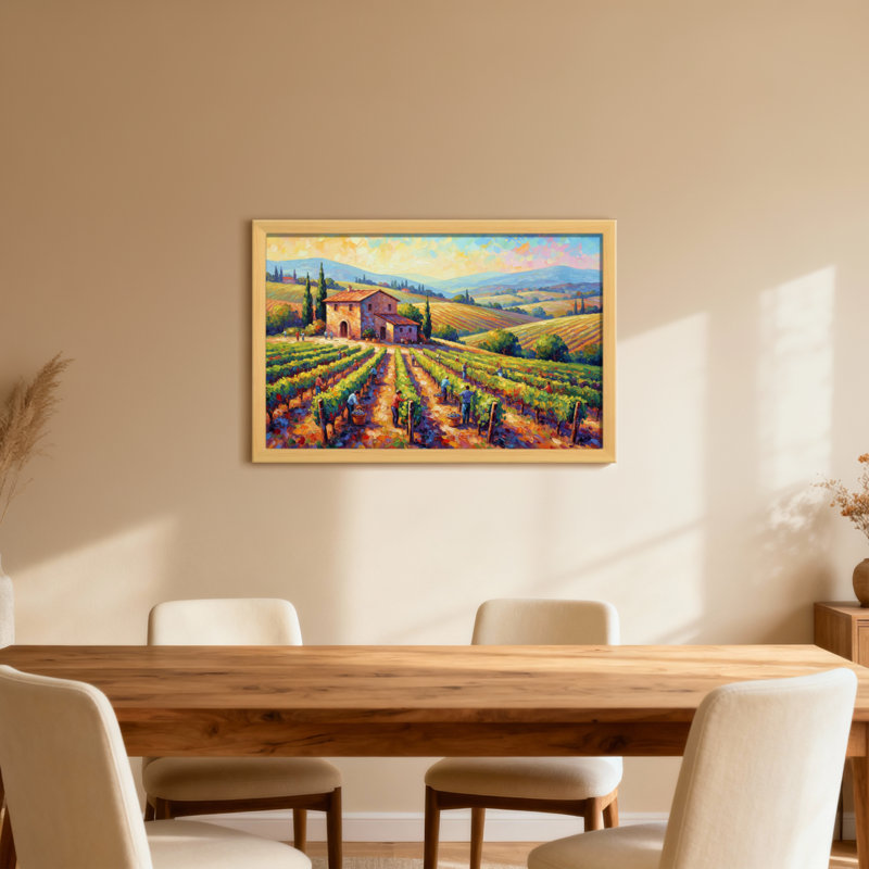 Paysage de vignobles avec ferme et ouvriers, H 24 po x l 36 po, Toile tendue, Ne s’applique pas