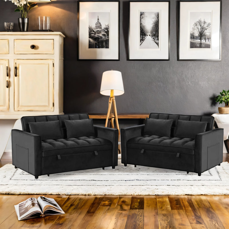55.2'' Wide Modern Convertible Sofa Bed With Reclining Backrest And Pillows (Set of 2), Black