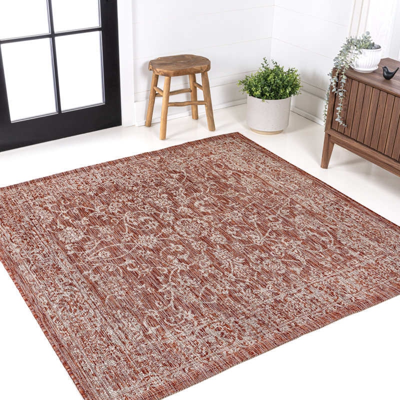 Leonora Bohemian Textured Weave Floral Red/Taupe Indoor/Outdoor Rug, Square 3'1"