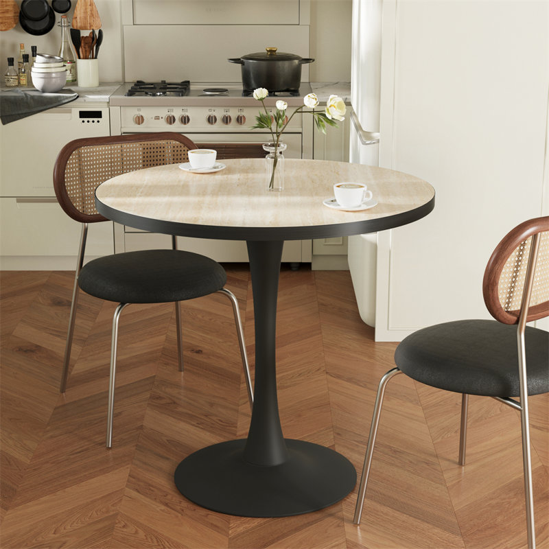 Modern Round Travertine Stone Top Dining Table Pedestal Base For Kitchen Patio 30 Inch, Beige/Black