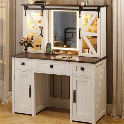 43.3" Farmhouse Makeup Vanity Desk With Lighted Mirror, Vanity Table Set With Storage Stool And Charging Station, Dressing Table With Sliding Barn Door Hidden Shelves & 3 Drawers & 4 Cabinets, Beige