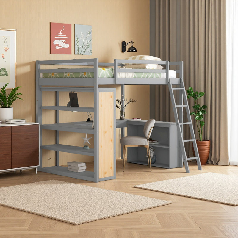 Lit mezzanine avec échelle, tablettes et bureau, Gris, Lit double