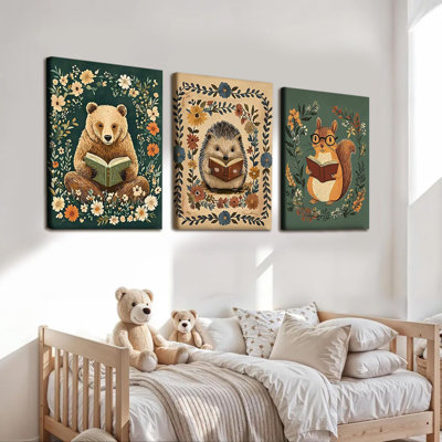3 pièces, lecture d'animaux sur toile, art mural, animaux de la forêt, ours, hérisson, écureuil, impression, bohème, affiches florales, peintures, chambre d'enfant, salle de jeux, 12 x 16 pouces