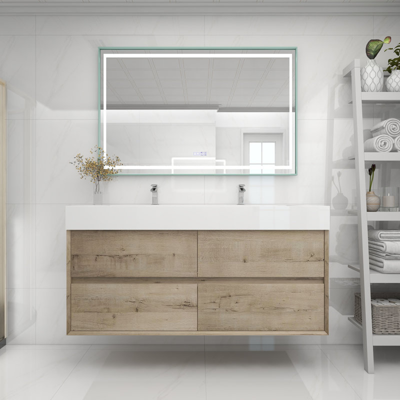 60" Wall Mounted Double Bathroom Vanity, White Oak