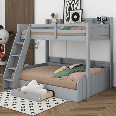 Lit superposé simple au-dessus d'un lit double avec tablettes intégrées, DEL, station de charge et tiroir, lit superposé en bois avec garde-corps et échelle