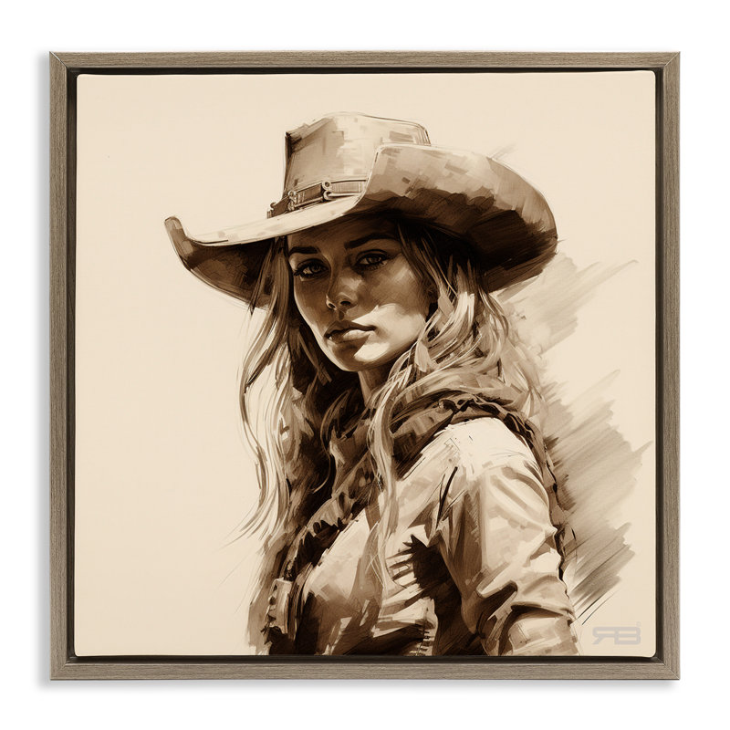 «Western Cowgirl Gaze», art mural encadré sur toile flottante par RB, Cadre flottant orme Montalcino, H 18 po x l 18 po