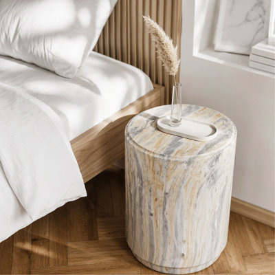 Tabouret moderne gris et imitation marbre, 37 x 47 cm, table d'appoint cylindrique sculpturale, pied piédestal aspect pierre