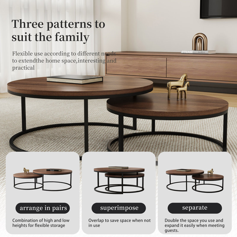 Carbon Steel Nesting Coffee Tables Set - Round Extendable Design with Durable Panel for Living Rooms, Brown