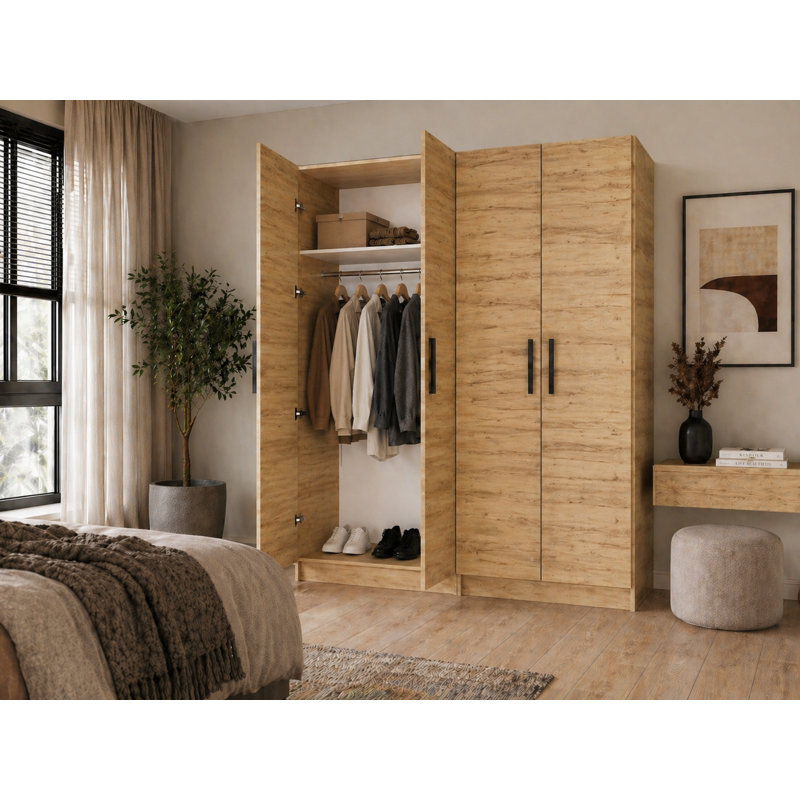 Nitra 4 Door Solid + Manufactured Wood Wardrobe, Oak Craft Gold