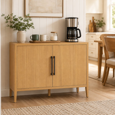 Farmhouse Sideboard Pine Veneer Storage Cabinet With 3 Doors Adjustable Feet Metal Handles Minimalist Wood Buffet For Kitchen Living Room