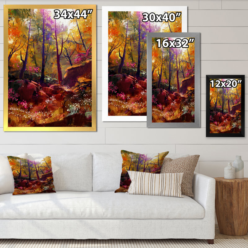 «Beautiful Autumn Forest with Sunlight», peinture sur toile, H 32 po x l 24 po, Cadre photo blanc
