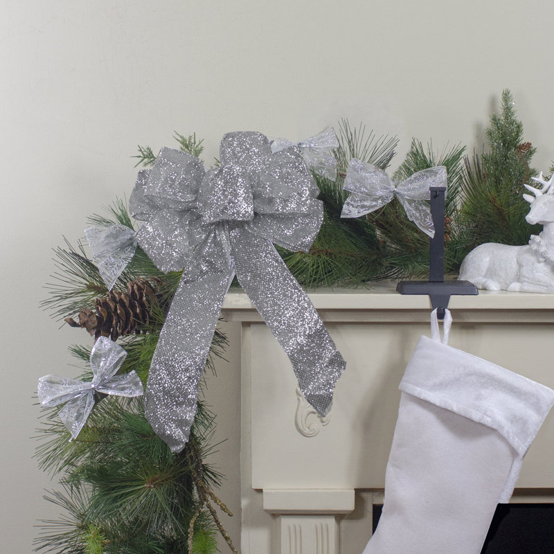 14" X 9" Silver Glittered 6 Loop Christmas Bow Decoration
