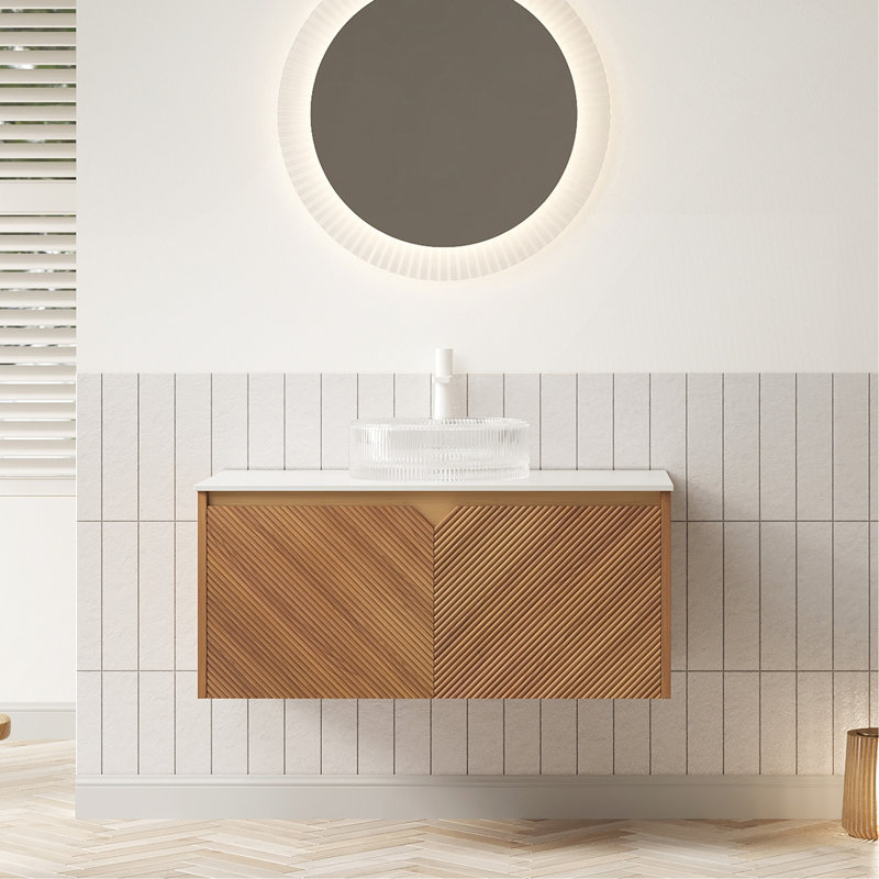 Meuble-lavabo 36 po, armoire de rangement flottante en contreplaqué, portes doubles en sergé avec garniture en métal, vasque ronde en verre transparent et plateau en pierre frittée blanche, brun