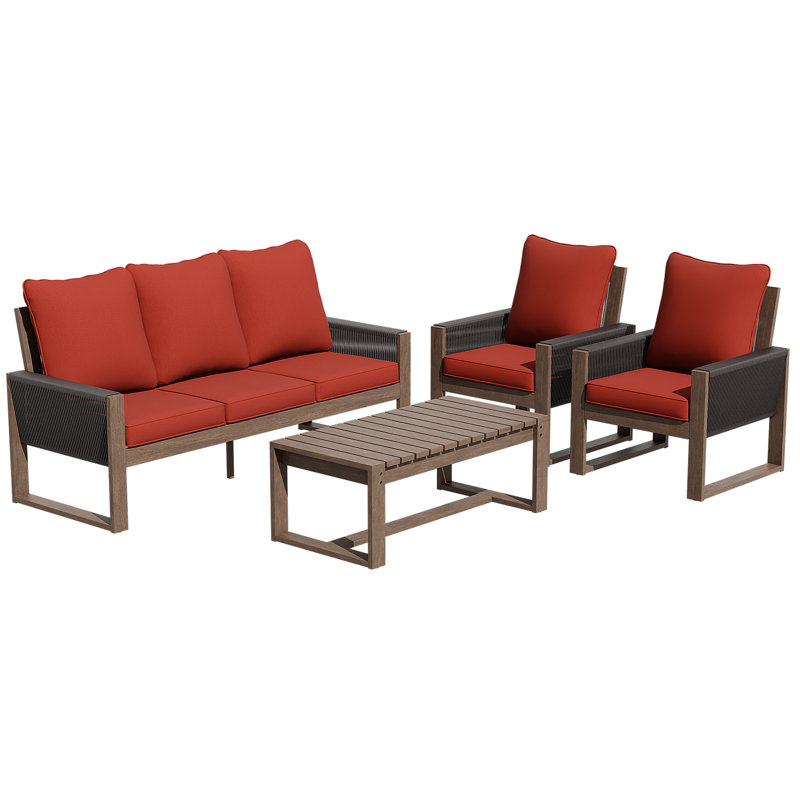 5-Person Patio Wooden Seating Group With Cushions, Red