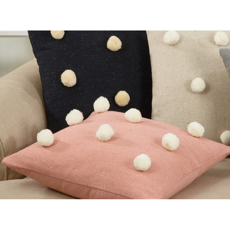 Pink Cotton Pom Pom Throw Pillow with Down Filling