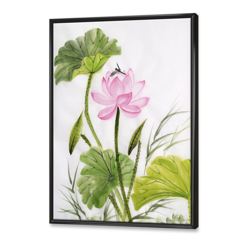 Simple fleur de lotus rétro avec feuilles vertes - reproduction sur toile, H 40 po x l 30 po x P 1 po, Toile avec cadre noir