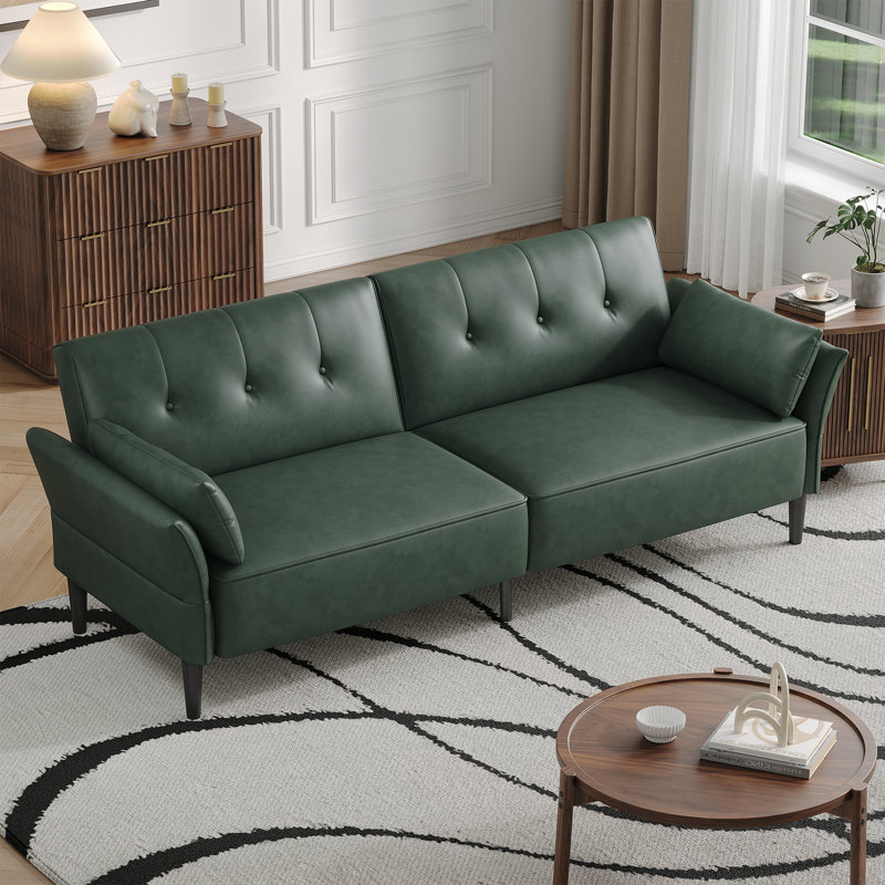 89" Linen Convertible Sofa Couch, Futon Sofa Bed with 2 Square Pillows, Adjustable Backrest & Armrests for Living Room