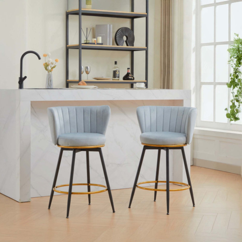 Set of 2 Counter Stools, 360° Swivel Upholstered Bar Stools with Metal Legs, Blue
