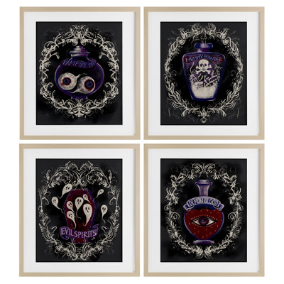 Ensemble de 4 bouteilles à spéculations Spooky, sous-verre, par Connie Summers