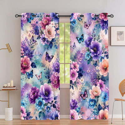 2 rideaux occultants avec œillets, rideaux à imprimé floral en polyester à motif d'œillets, isolation thermique, réduction du bruit, protection de la vie privée, obscurcissement de la fenêtre pour la chambre à coucher, cuisine, intérieur, décoration intérieure