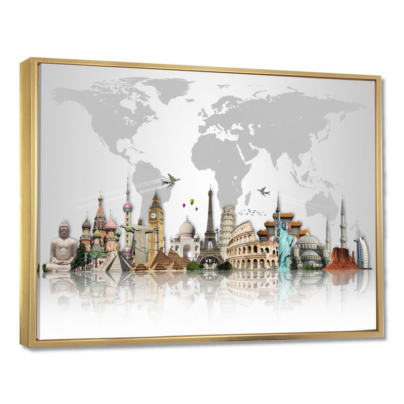 « Famous Monuments Across World », reproduction d'art graphique, H 12 po x l 20 po, Reproduction avec cadre flottant, Or