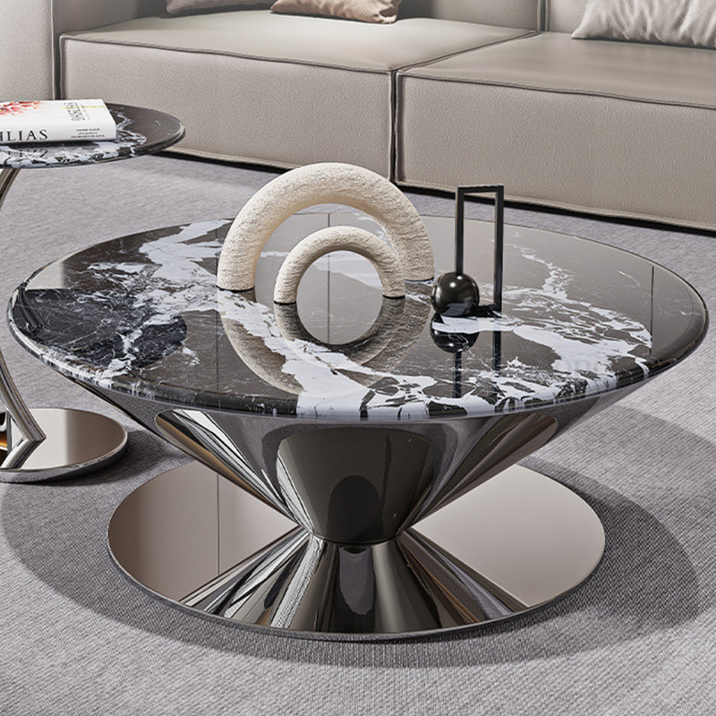White Marble-Patterned Stone Round Nesting Coffee Table Set, 17.72" H x 53.15" W x 35.43" D, Black and White Pattern / Silver