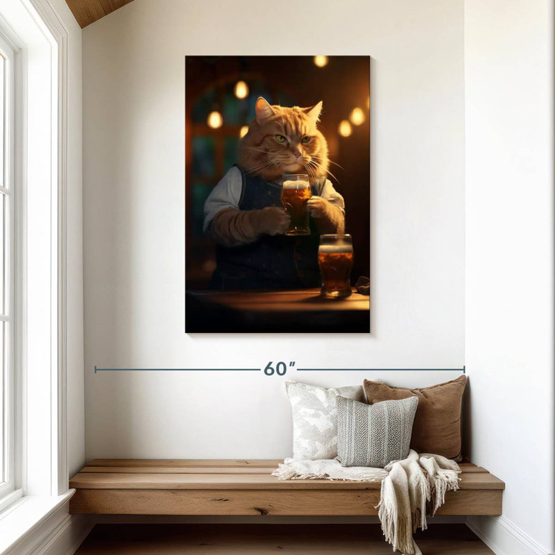 Brampt Orange Tabby Cat Drinking Beer, 45" H x 30" W
