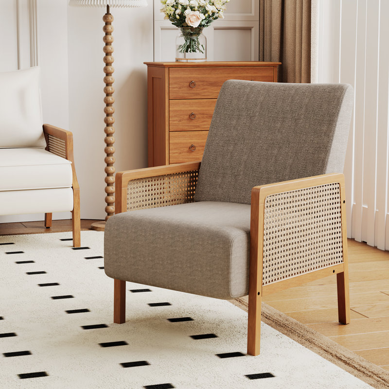 Chaise d'appoint rembourrée avec accoudoirs en rotin et pieds en bois massif, Lin taupe