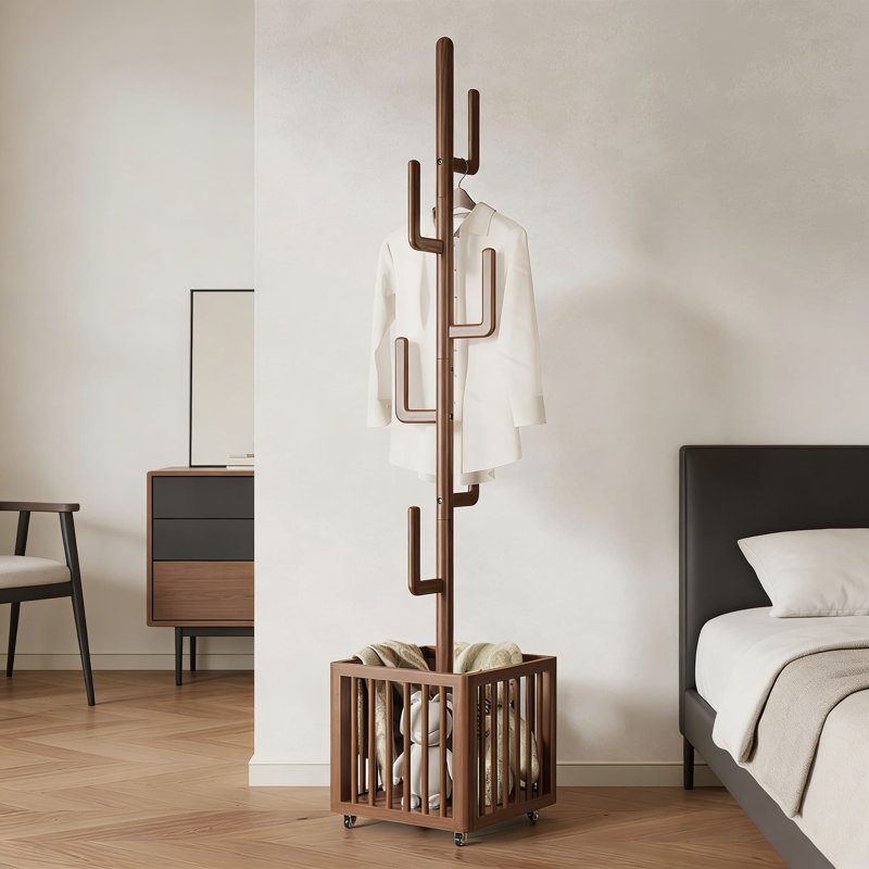 Solid Wood Coat Rack With 6 Cactus-Inspired Hooks And Storage Box, Freestanding Entryway And Living Room Hanging Organizer