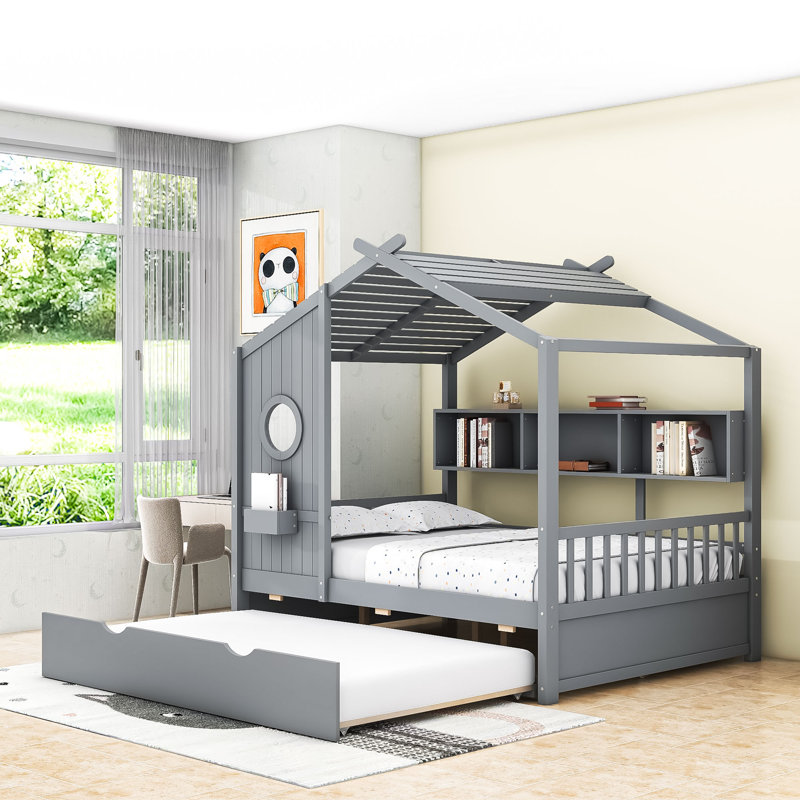Lit en bois avec lit gigogne simple et tablettes de rangement, Double , Gris