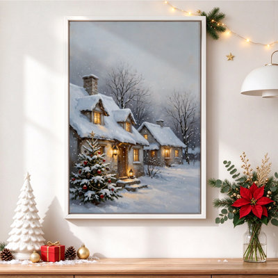 Chalet enneigé, tableau sur toile encadré, cadre blanc, 76 x 51 cm