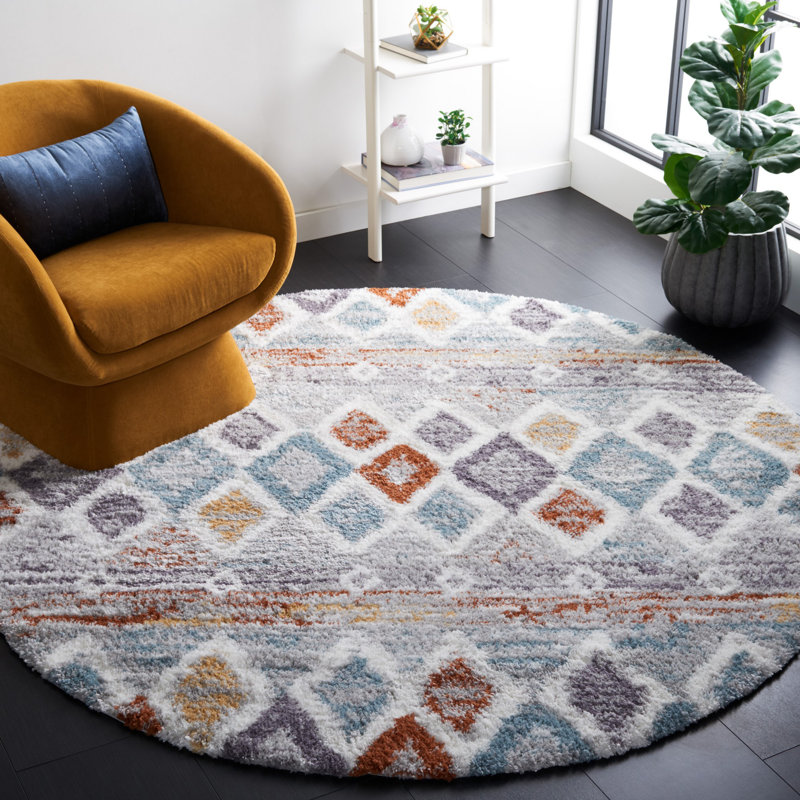 Evangelyn Geometric Blue Rust/Ivory Area Rug, Round 7'