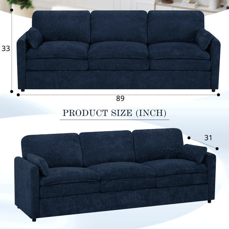89" Modern Soft Couch With Upholstered Cushion, Chenille Sofa With 2 Well-Filled Pillows, 3-Seat Sofa For Living Room, Bedroom
